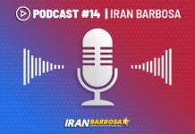 imagem com símbolos gráficos, cores; no topo, lê-se Podcast #14 Iran Barbosa; ao centro, um ícone de microfone com ondas sonoras; na base, a logomarca de Iran Barbosa