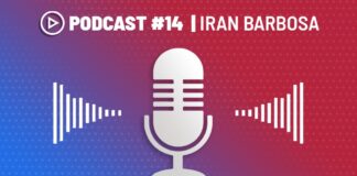 imagem com símbolos gráficos, cores; no topo, lê-se Podcast #14 Iran Barbosa; ao centro, um ícone de microfone com ondas sonoras; na base, a logomarca de Iran Barbosa